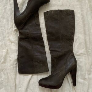 Frye brown Harlow campus heeled knee high boots